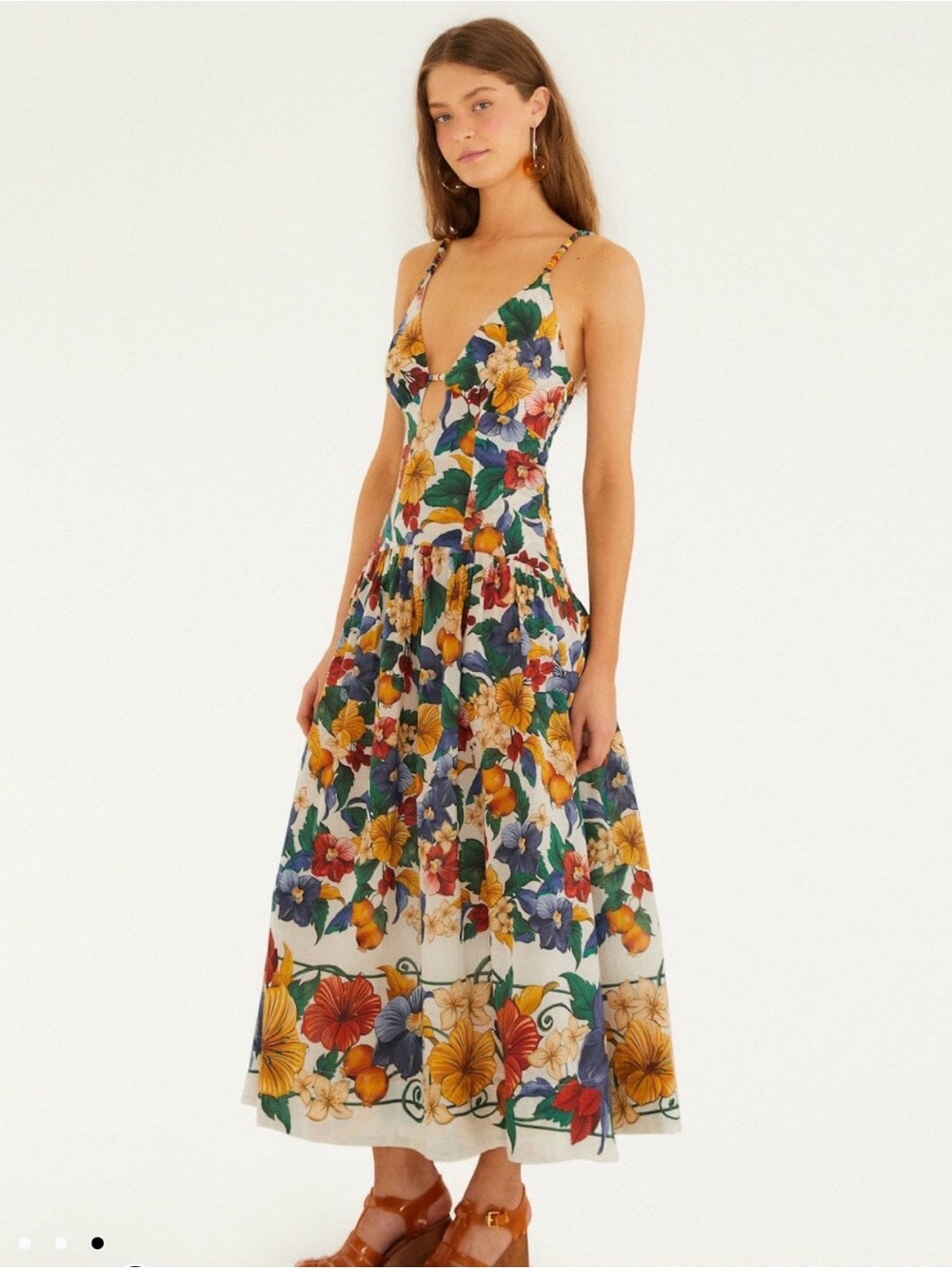 FARM Rio Floral Maxi Dress in Cream with Yellow, Blue, Green & Red Flowers